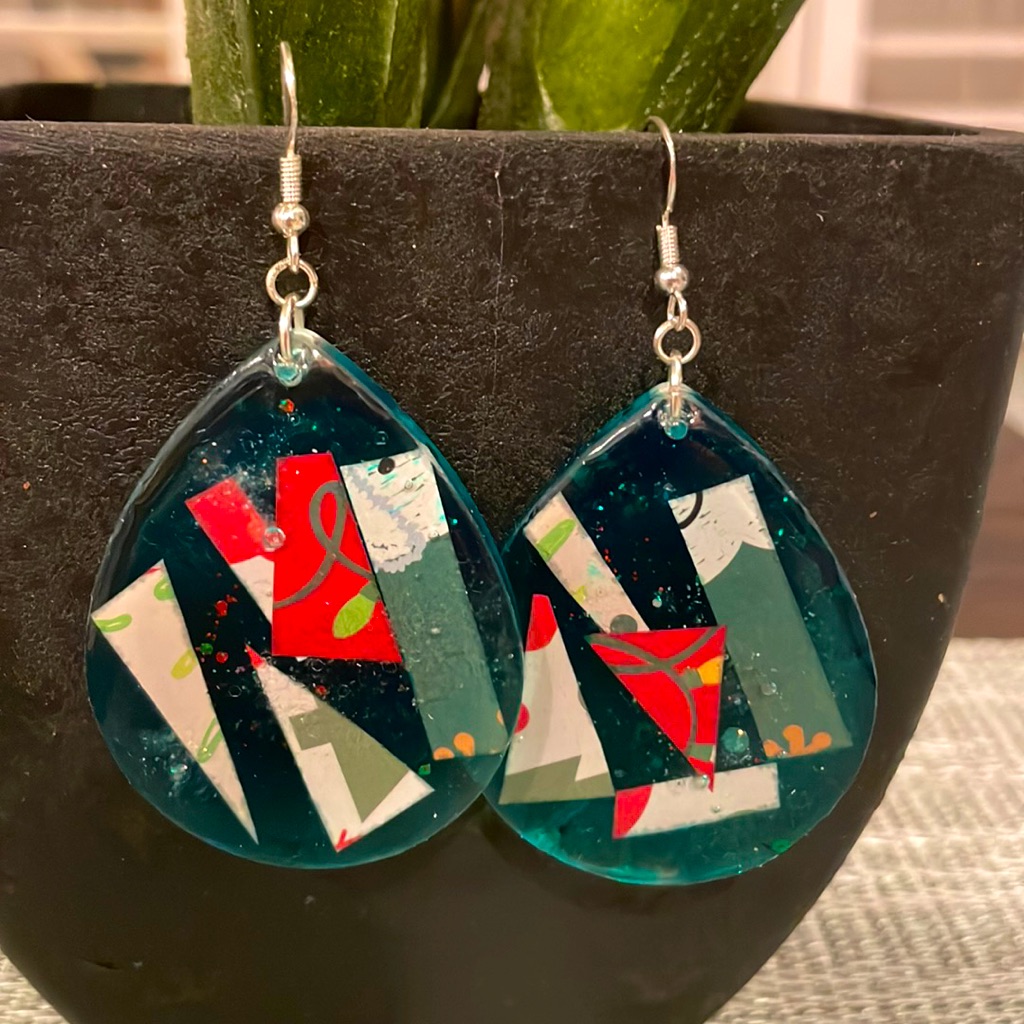 Xmas Festive Handmade Large Holiday Earrings Green Teardrop